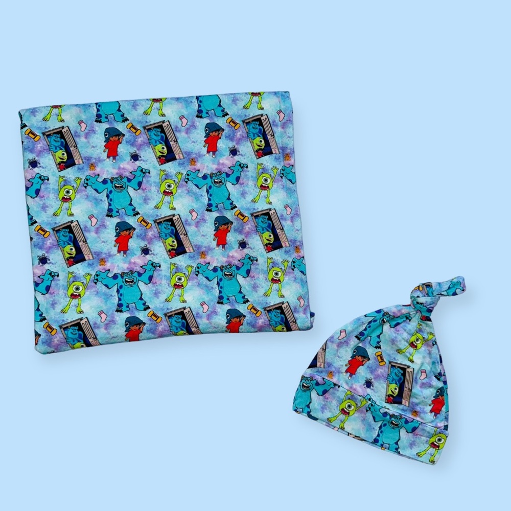 NWT Monster Inc Bamboo Swaddle & Hat Set